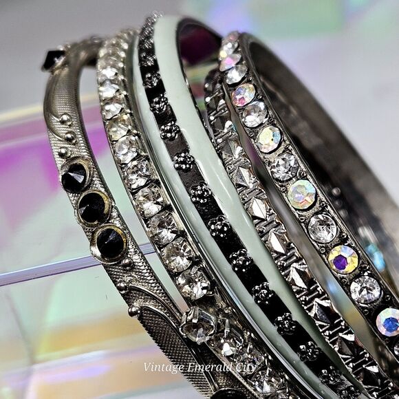 Celestial Collection Bangles Set Of 5 Mixed Enamel Rhinestone Sparkle Bracelets - Picture 6 of 14